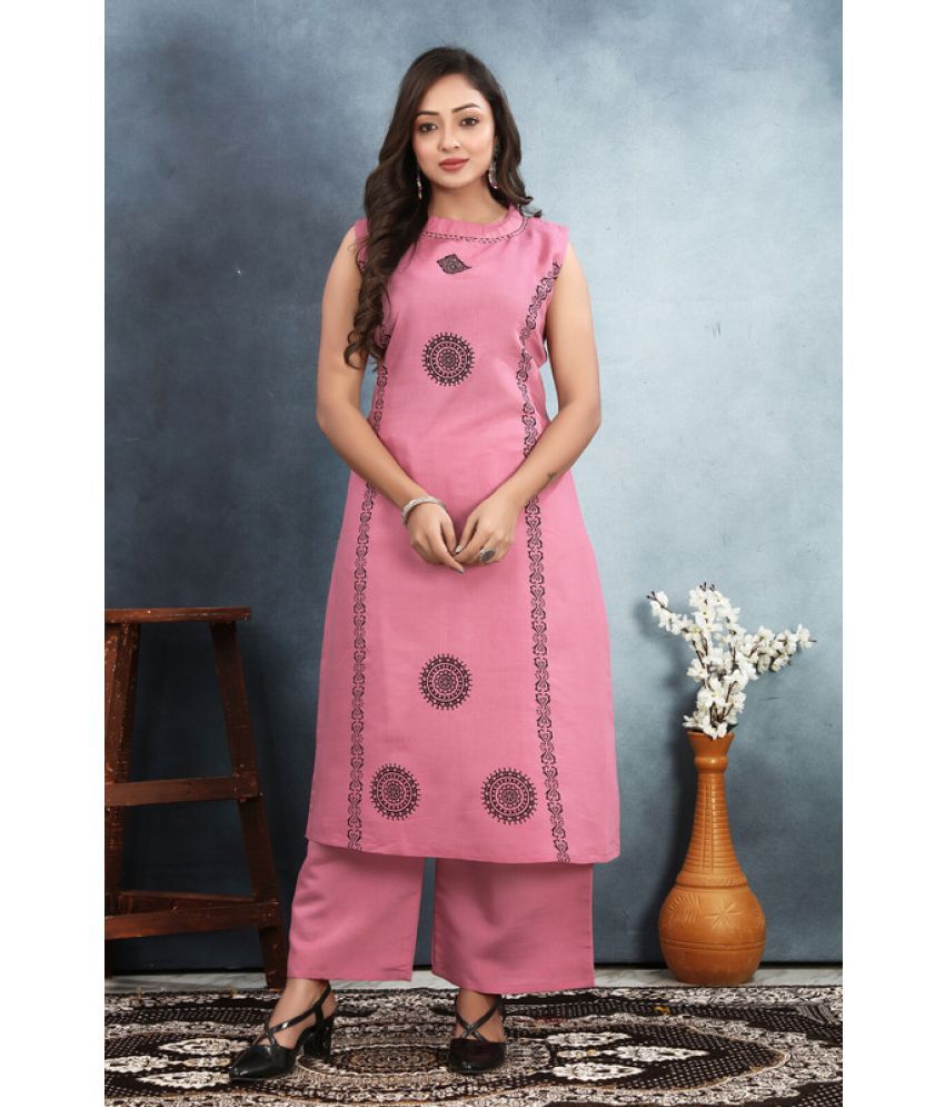     			Sanjana Silks Silk Printed Kurti With Palazzo Women's Stitched Salwar Suit - Pink ( Pack of 1 )