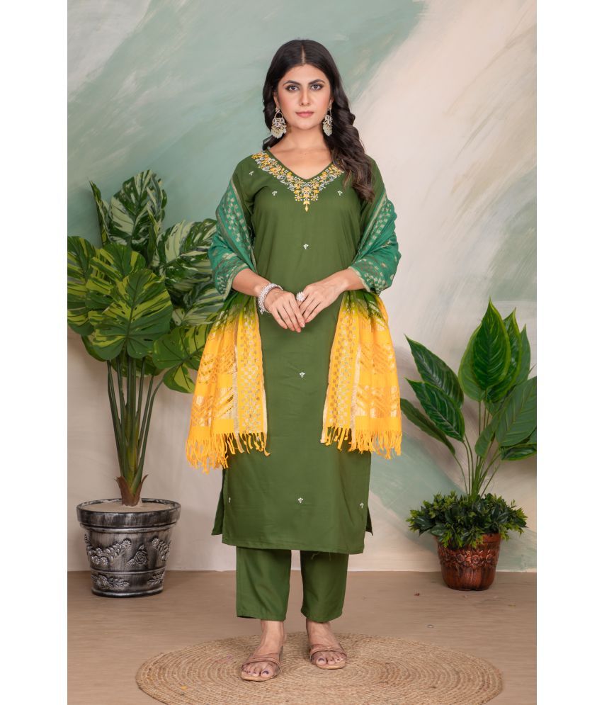     			Sanwariya Silk Silk Blend Embroidered Kurti With Pants Women's Stitched Salwar Suit - Yellow,Green ( Pack of 1 )