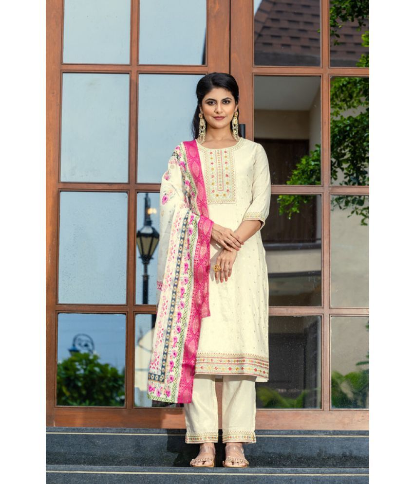     			Sanwariya Silks Cotton Embroidered Kurti With Pants Women's Stitched Salwar Suit - Off White ( Pack of 1 )