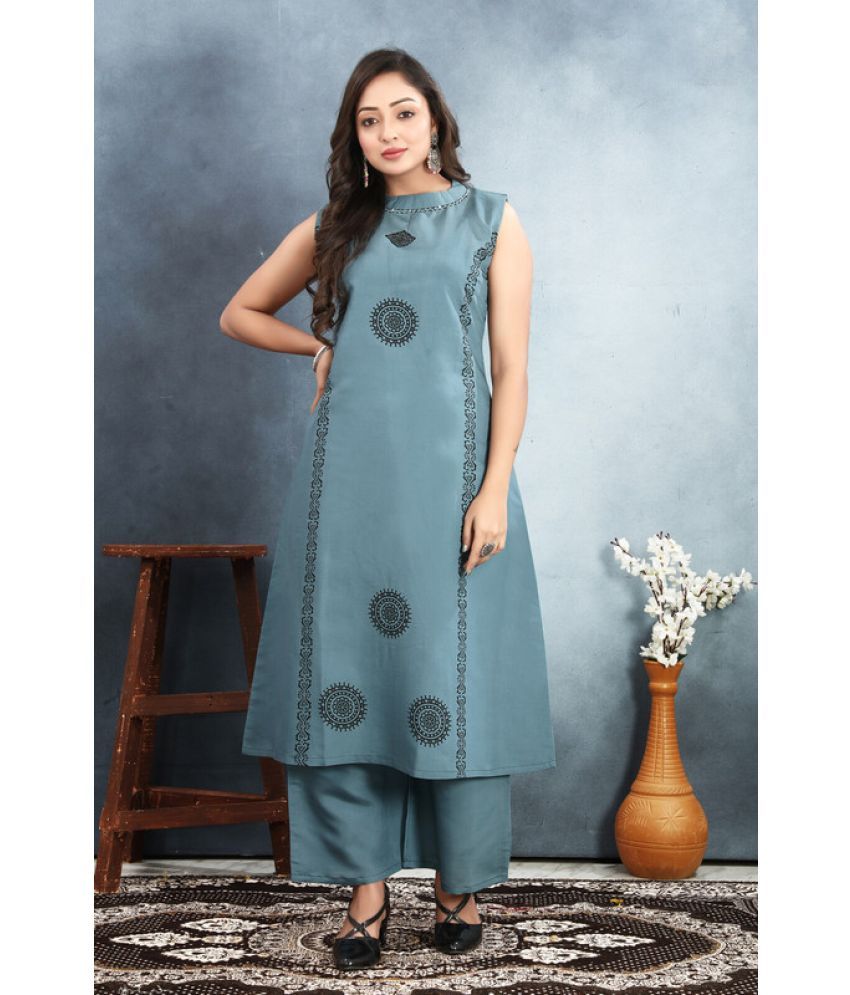     			Sanwariya Silks Silk Printed Kurti With Palazzo Women's Stitched Salwar Suit - Grey ( Pack of 1 )