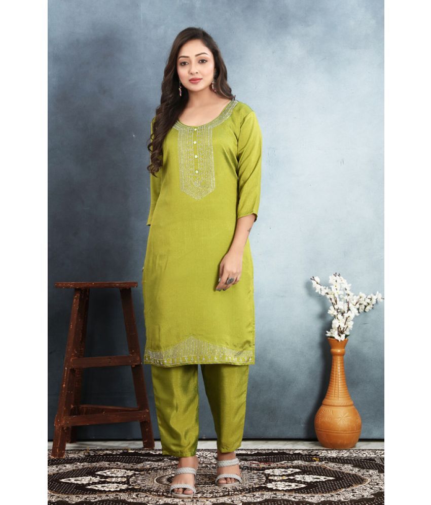     			Sitanjali Silk Blend Embroidered Kurti With Pants Women's Stitched Salwar Suit - Green ( Pack of 1 )