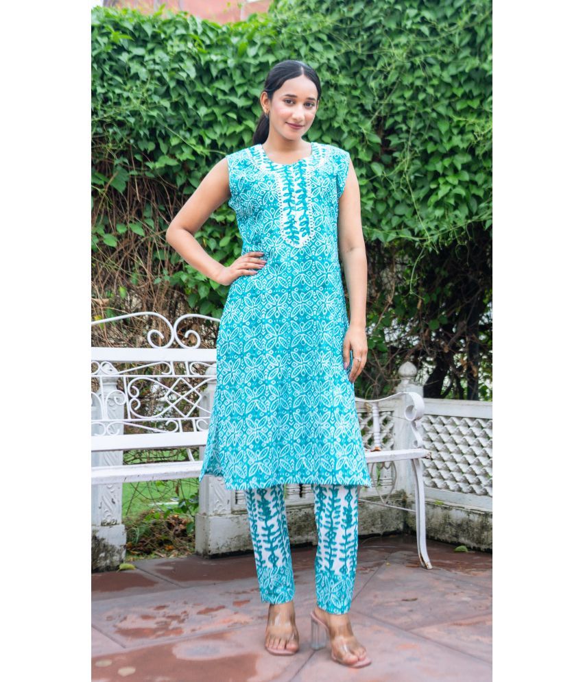     			anushansa Cotton Printed Kurti With Pants Women's Stitched Salwar Suit - Light Blue ( Pack of 1 )