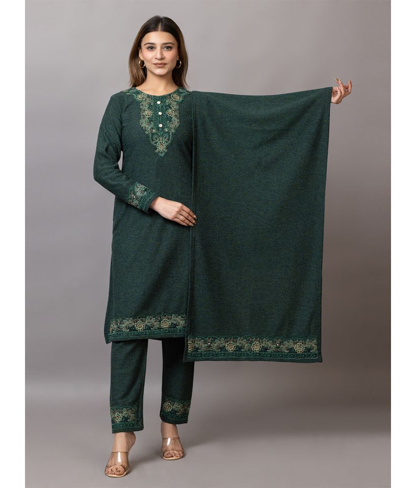     			woolkart Woollen Embroidered Kurti With Pants Women's Stitched Salwar Suit - Olive ( Pack of 1 )