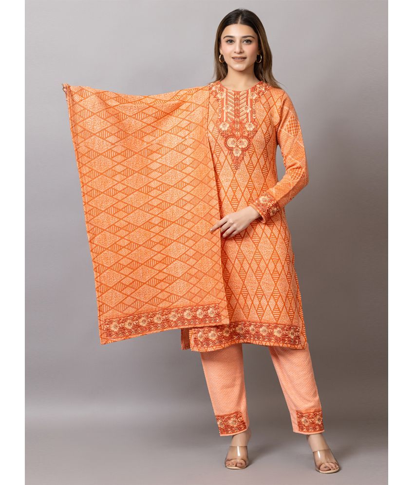     			woolkart Woollen Embroidered Kurti With Pants Women's Stitched Salwar Suit - Orange ( Pack of 1 )