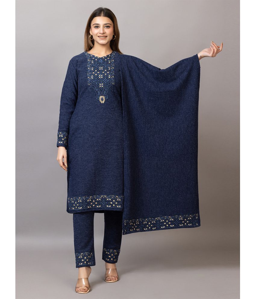     			woolkart Woollen Embroidered Kurti With Pants Women's Stitched Salwar Suit - Navy Blue ( Pack of 1 )