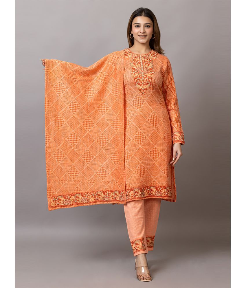     			woolkart Woollen Embroidered Kurti With Pants Women's Stitched Salwar Suit - Orange ( Pack of 1 )