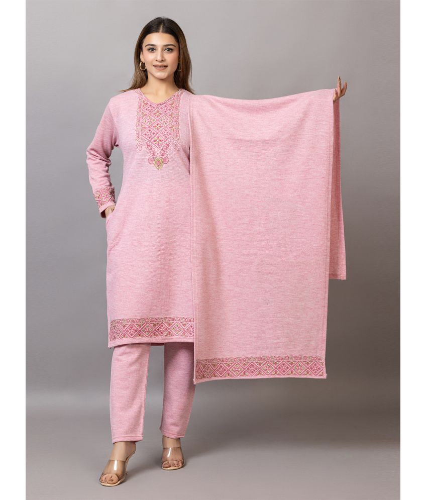     			woolkart Woollen Embroidered Kurti With Pants Women's Stitched Salwar Suit - Pink ( Pack of 1 )