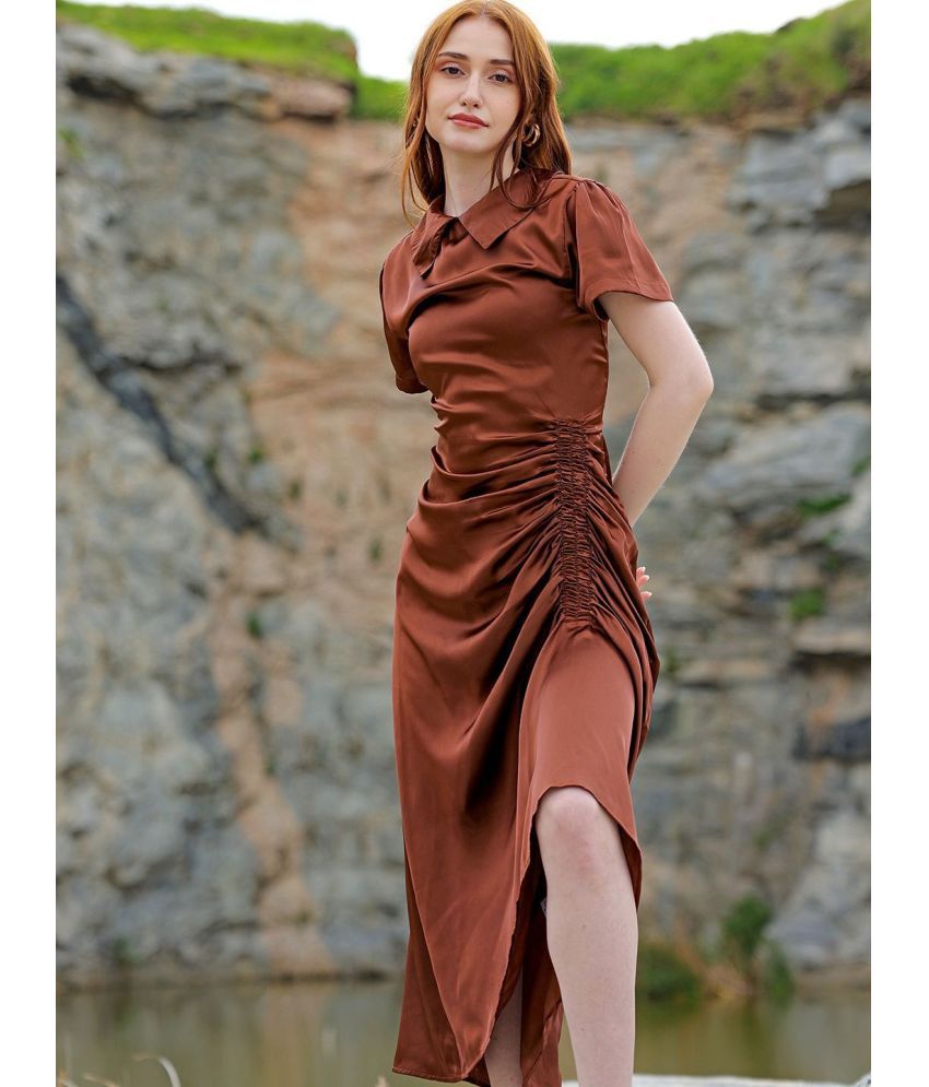     			Freehand Polyester Solid Full Length Women's Asymmetric Dress - Brown ( Pack of 1 )