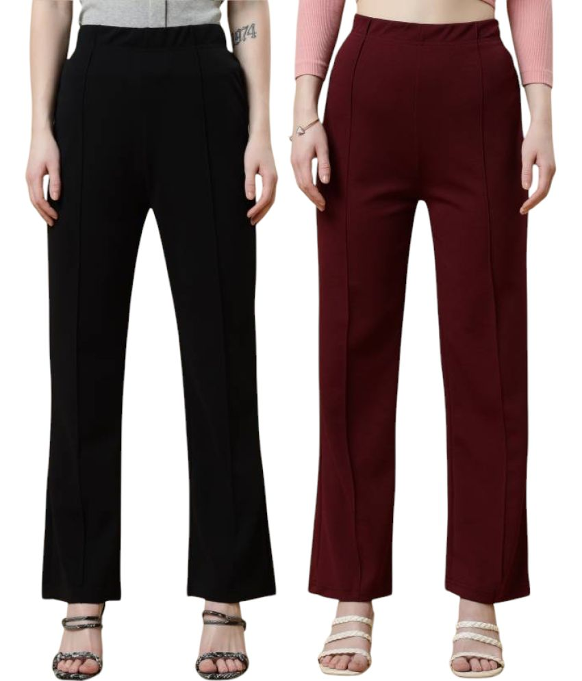     			Qyaas Pack of 2 Lycra Regular Women's Casual Pants ( Black,Burgundy )