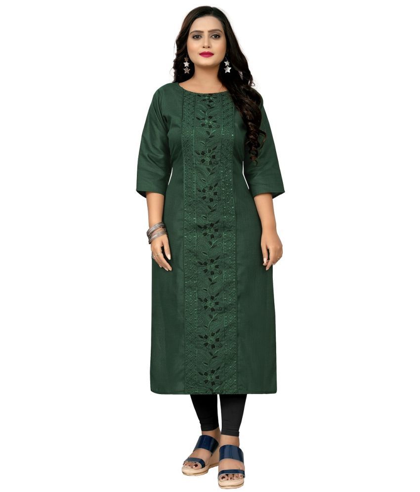     			RIAANA Pack of 1 Cotton Blend Embroidered Straight Women's Kurti - ( Green )