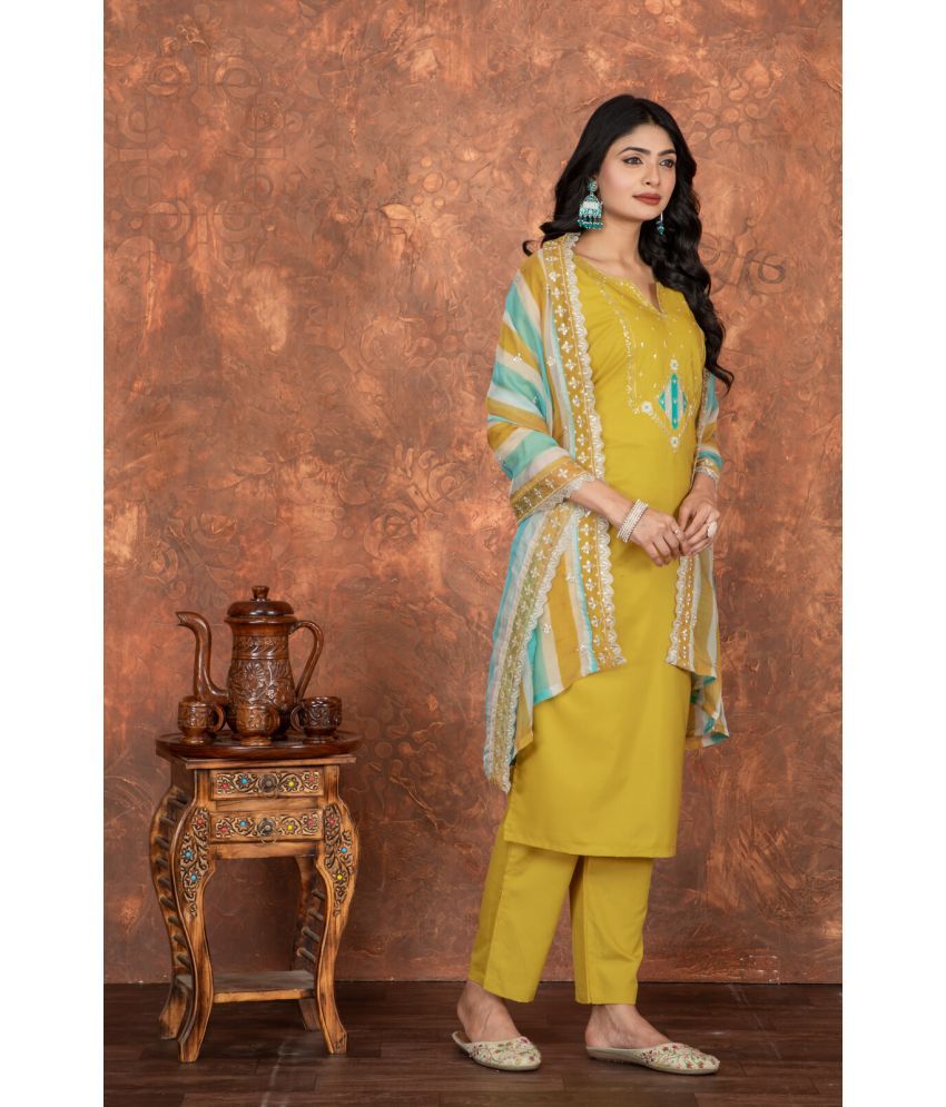     			Sanjana Silks Silk Blend Embroidered Kurti With Pants Women's Stitched Salwar Suit - Yellow ( Pack of 1 )