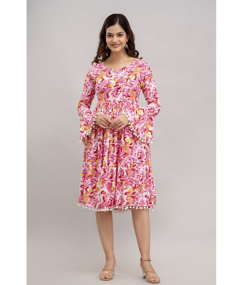     			TRENDSWILL Viscose Rayon Printed Knee Length Women's A-line Dress - Pink ( Pack of 1 )