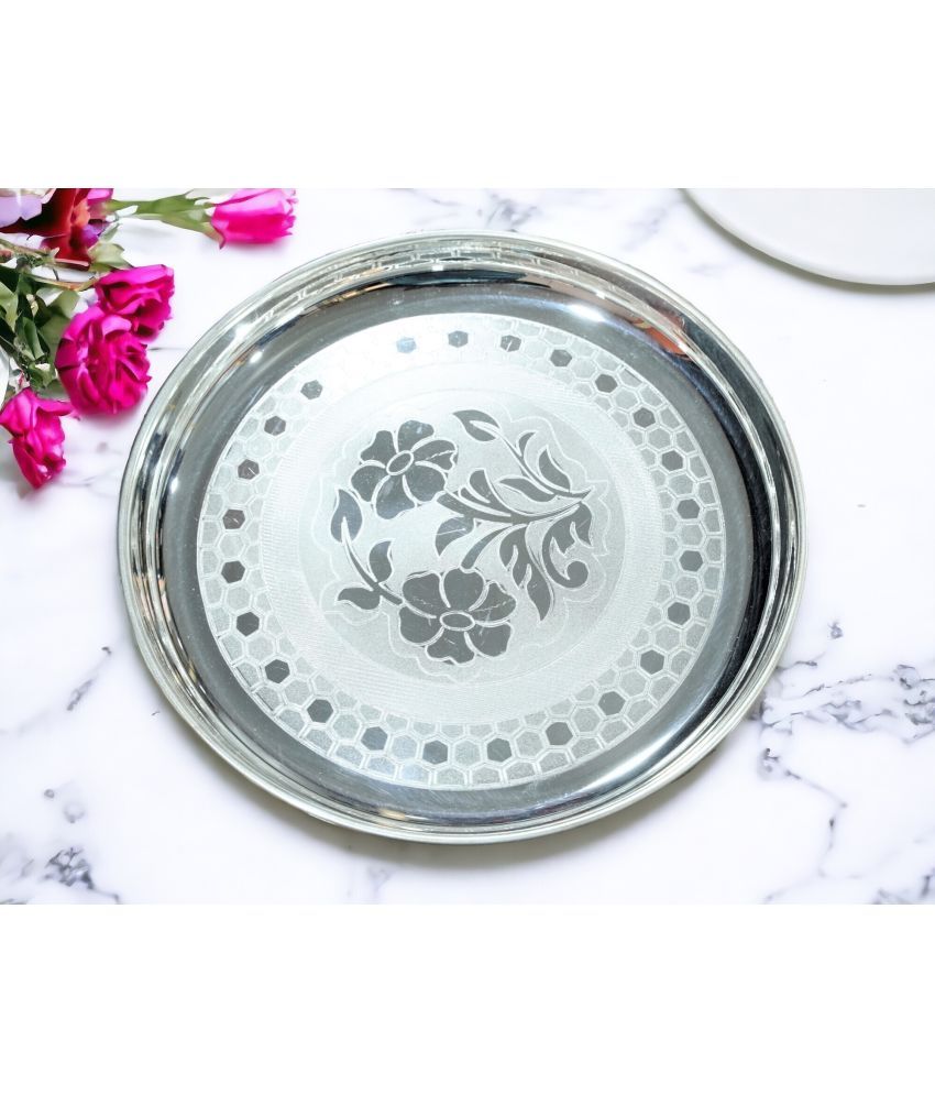     			Sigaram German Silver 12 Inch Floral Designed Plate For Home Pooja Decor K3130