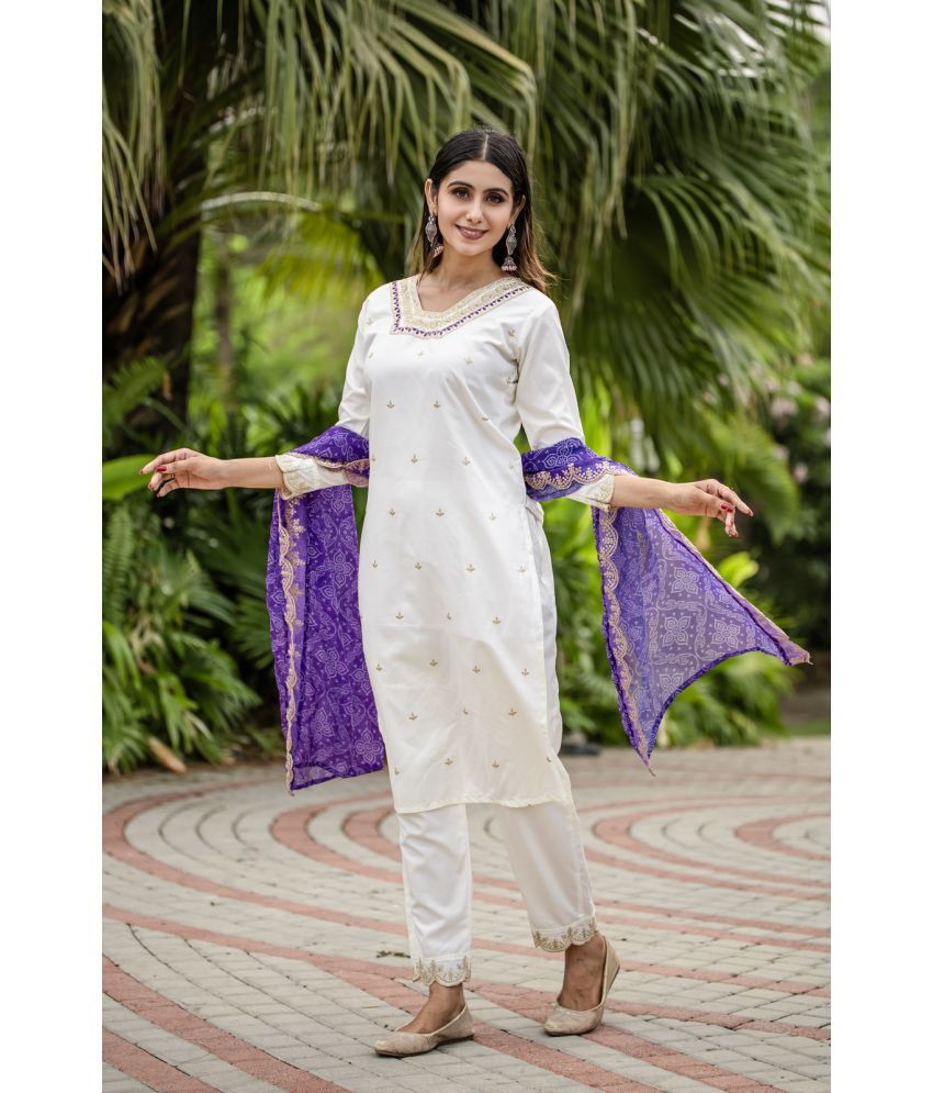     			Sitanjali Silk Blend Embellished Kurti With Pants Women's Stitched Salwar Suit - Cream ( Pack of 1 )