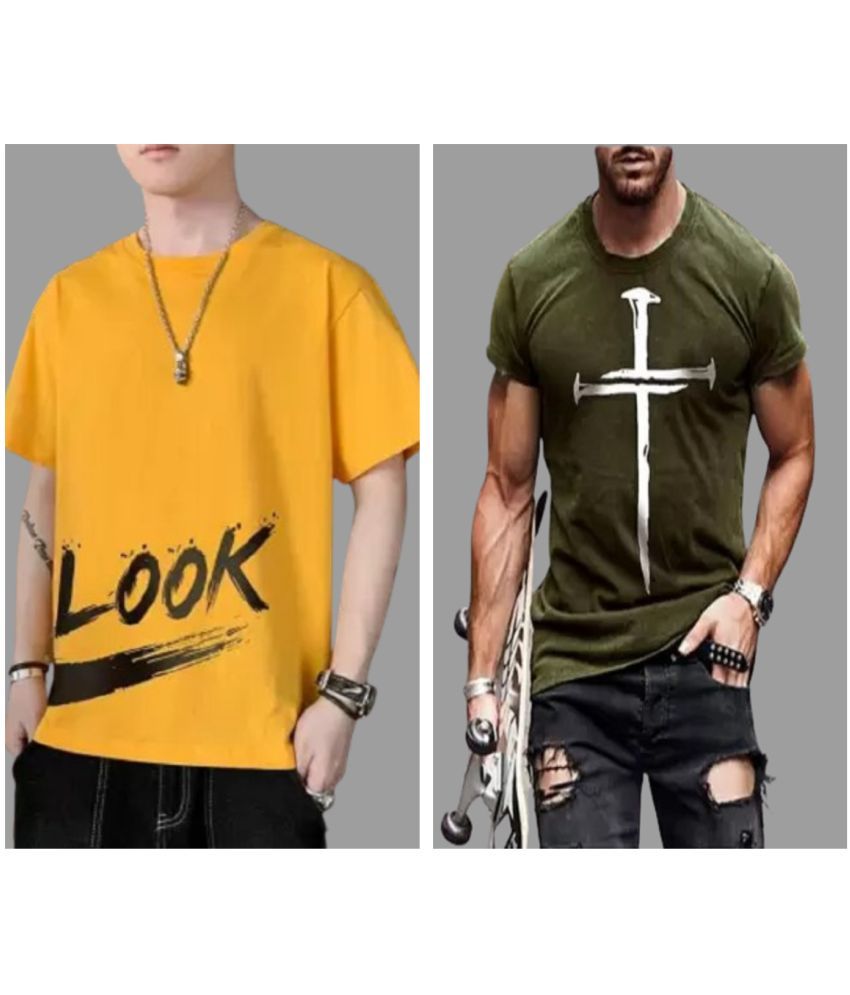     			attitude start of fashion Polyester Regular Fit Printed Half Sleeves Men's Round T-Shirt - Olive ( Pack of 2 )