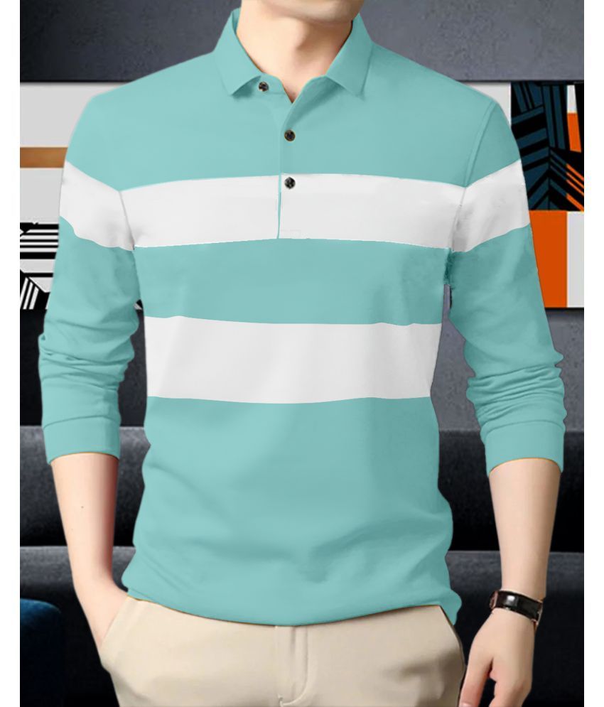     			AOOSH Pack of 1 Cotton Blend Regular Fit Striped Full Sleeves Men's Polo T Shirt ( Aqua )