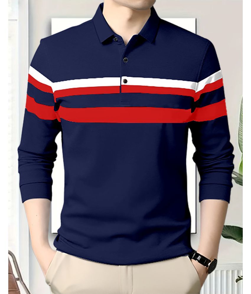     			AOOSH Pack of 1 Cotton Blend Regular Fit Striped Full Sleeves Men's Polo T Shirt ( Navy )