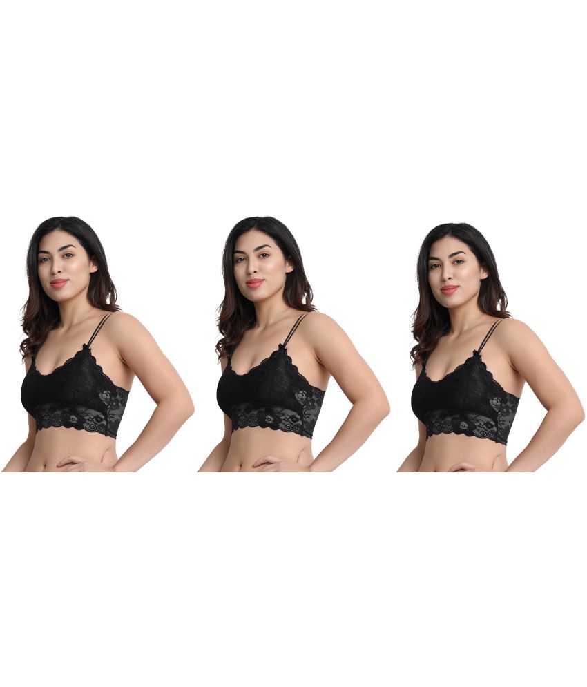     			Flenzy Pack of 3 Lace Lightly Padded Bralette Bra For Women ( Black )