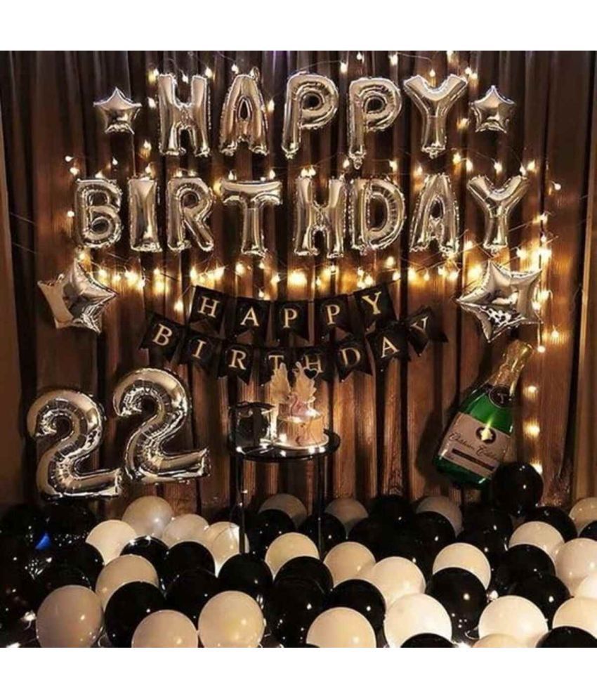     			PartyBooms Happy BIrthday Silver Decoration, 4 Silver Stars Foil, 1 HBD Black Decoration, 22 Silver Number Foil, 1 Champenge Foil 15 Black & 15 White Metallic Balloons Pack of 39