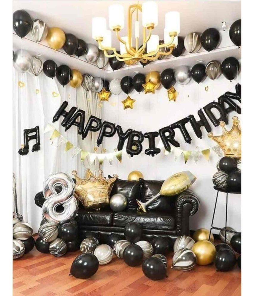     			PartyBooms Happy Birthday Black Foil, 2 Crown Foil, 1 Champenge, 18 Silver 4 Gold Stars, 15 (Each) Black, Gold, Silver Balloons Pack Of 55