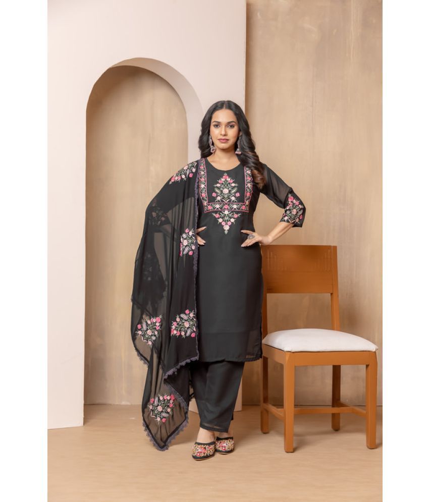     			Sitanjali Georgette Embroidered Kurti With Pants Women's Stitched Salwar Suit - Black ( Pack of 1 )