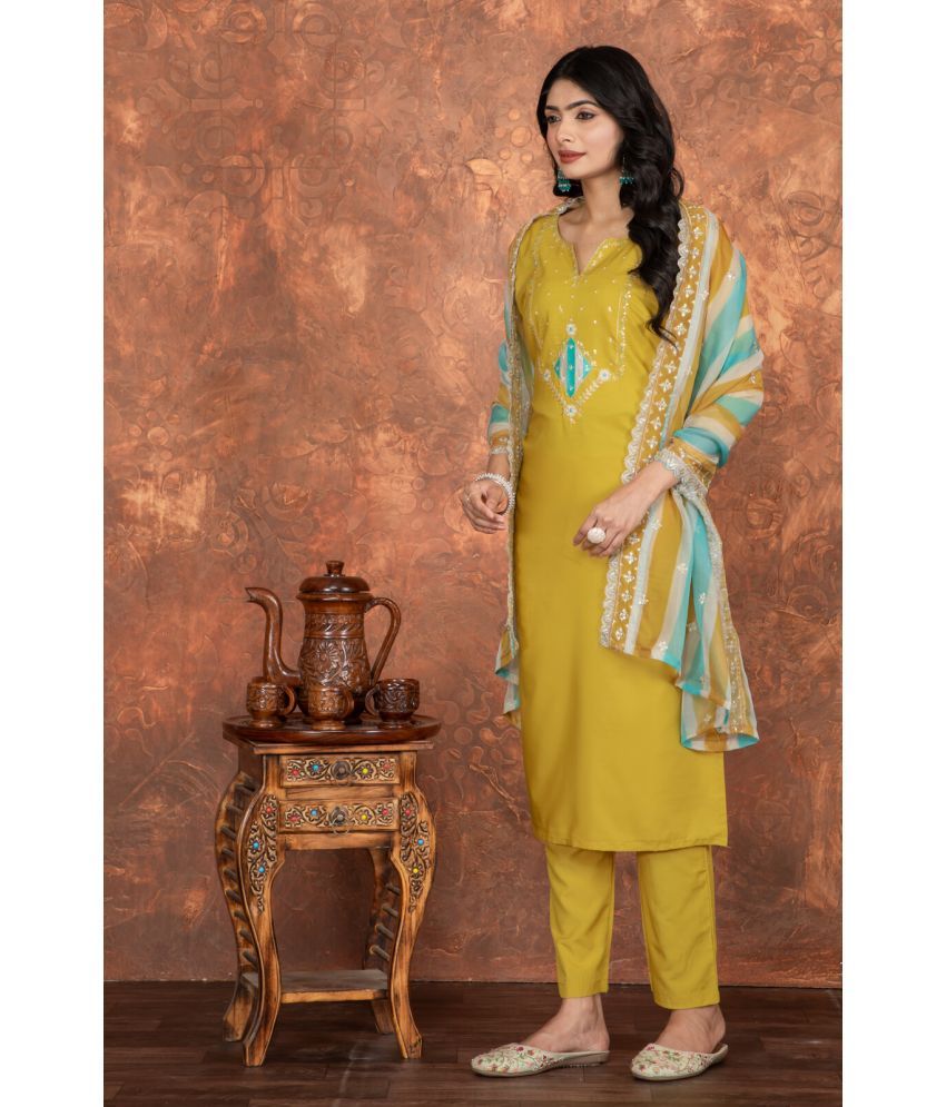     			Sitanjali Silk Blend Printed Kurti With Pants Women's Stitched Salwar Suit - Yellow ( Pack of 1 )