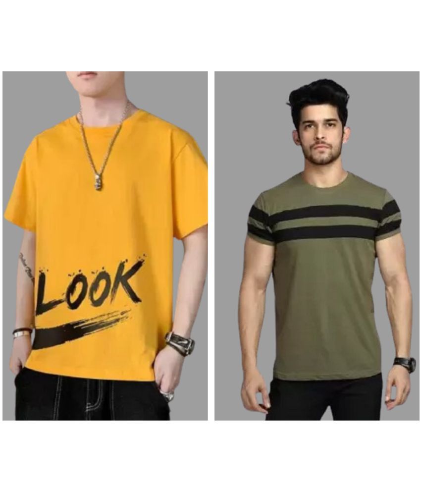     			attitude start of fashion Polyester Regular Fit Printed Half Sleeves Men's Round T-Shirt - Olive ( Pack of 2 )