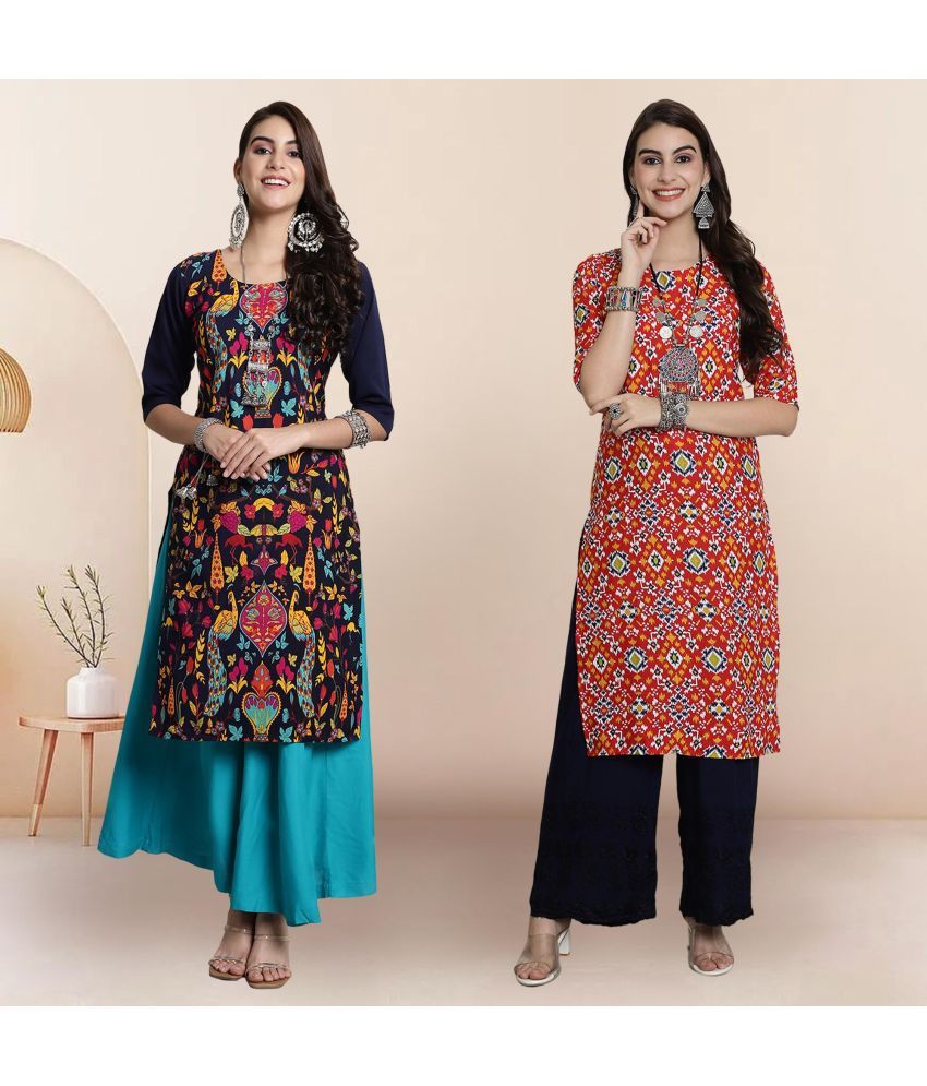     			1 Stop Fashion Pack of 2 Crepe Printed Straight Women's Kurti - ( Multicolor1 )