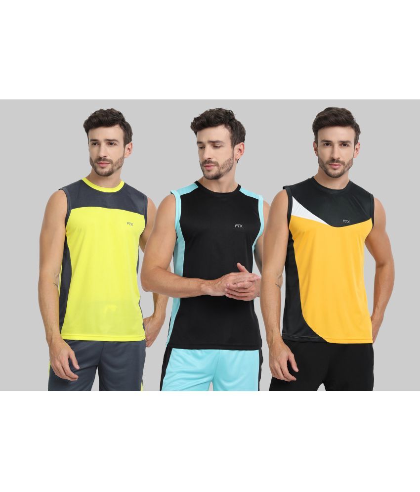     			FTX Polyester Regular Fit Colorblock Sleeveless Men's Round T-Shirt - Gold ( Pack of 3 )