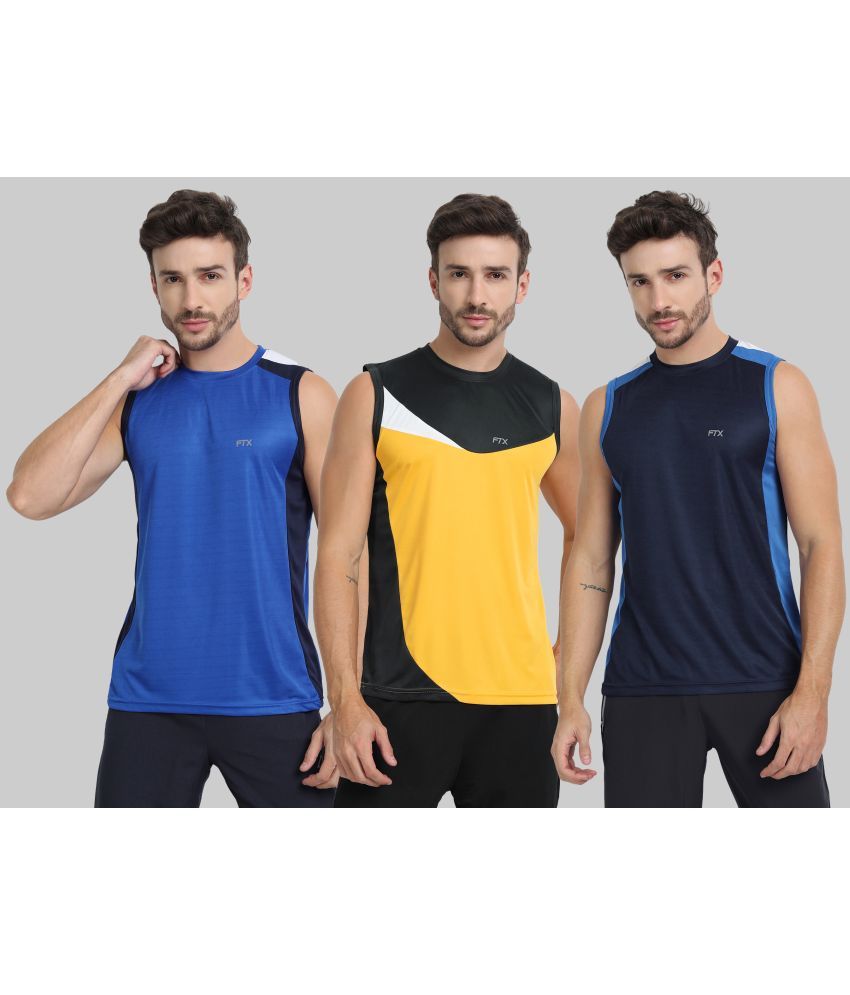     			FTX Polyester Regular Fit Colorblock Sleeveless Men's Round T-Shirt - Navy ( Pack of 3 )