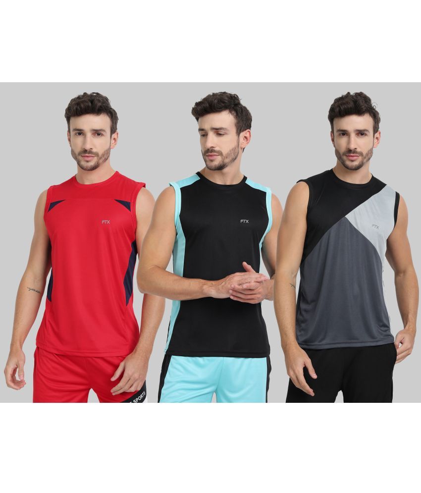     			FTX Polyester Regular Fit Colorblock Sleeveless Men's Round T-Shirt - Grey Melange ( Pack of 3 )