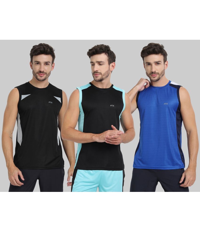     			FTX Polyester Regular Fit Colorblock Sleeveless Men's Round T-Shirt - Blue ( Pack of 3 )