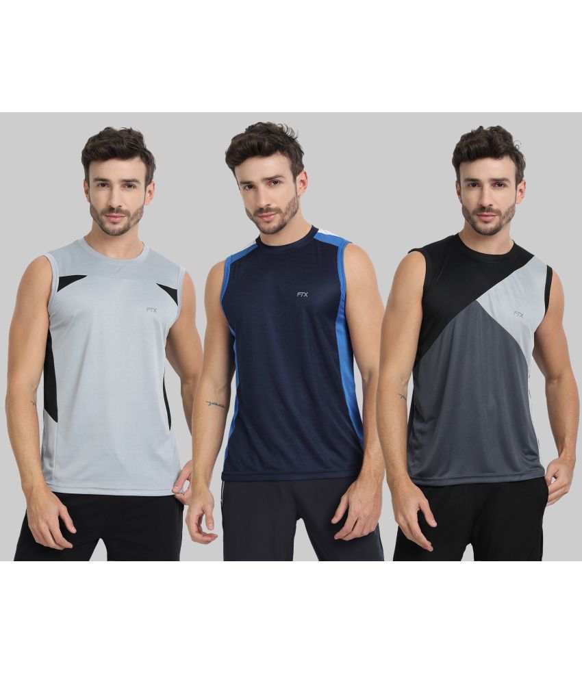     			FTX Polyester Regular Fit Colorblock Sleeveless Men's Round T-Shirt - Silver ( Pack of 3 )