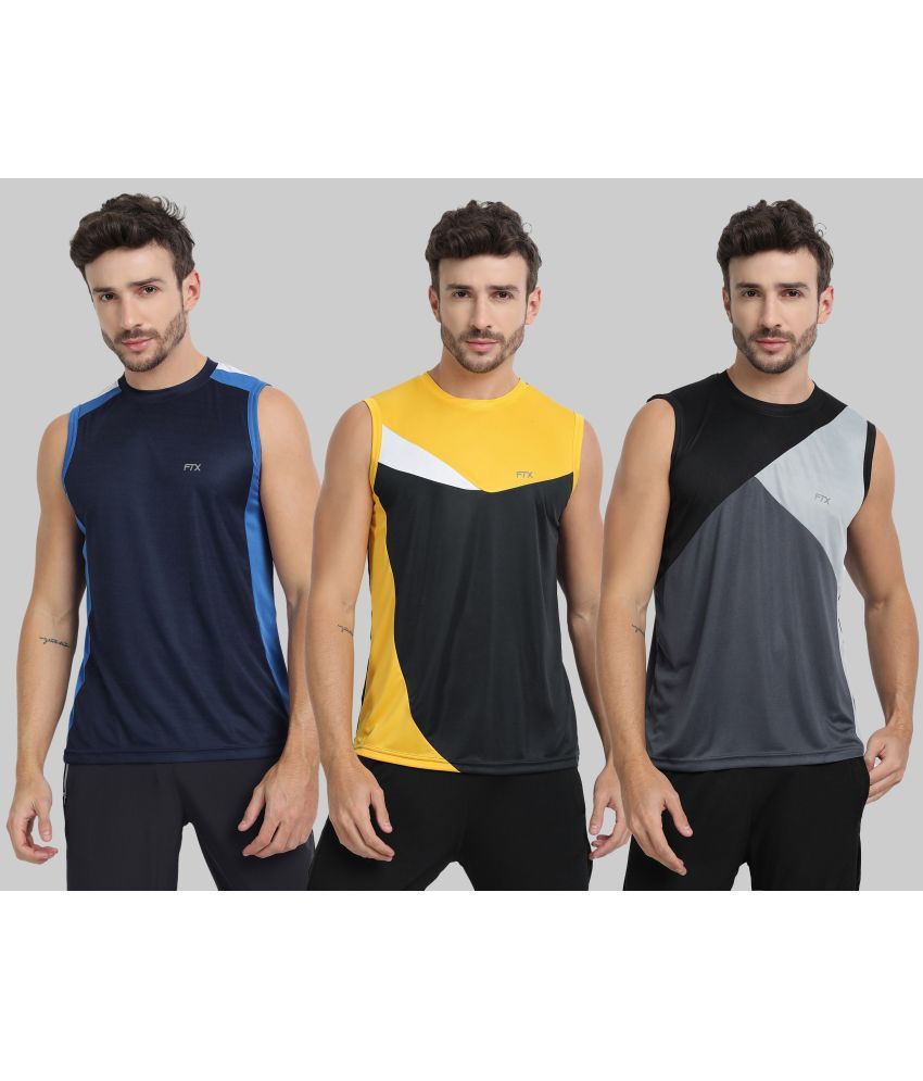     			FTX Polyester Regular Fit Colorblock Sleeveless Men's Round T-Shirt - Navy Blue ( Pack of 3 )