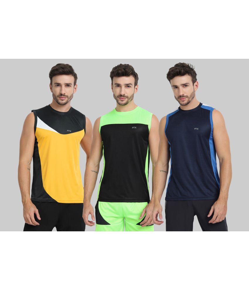     			FTX Polyester Regular Fit Colorblock Sleeveless Men's Round T-Shirt - Gold ( Pack of 3 )