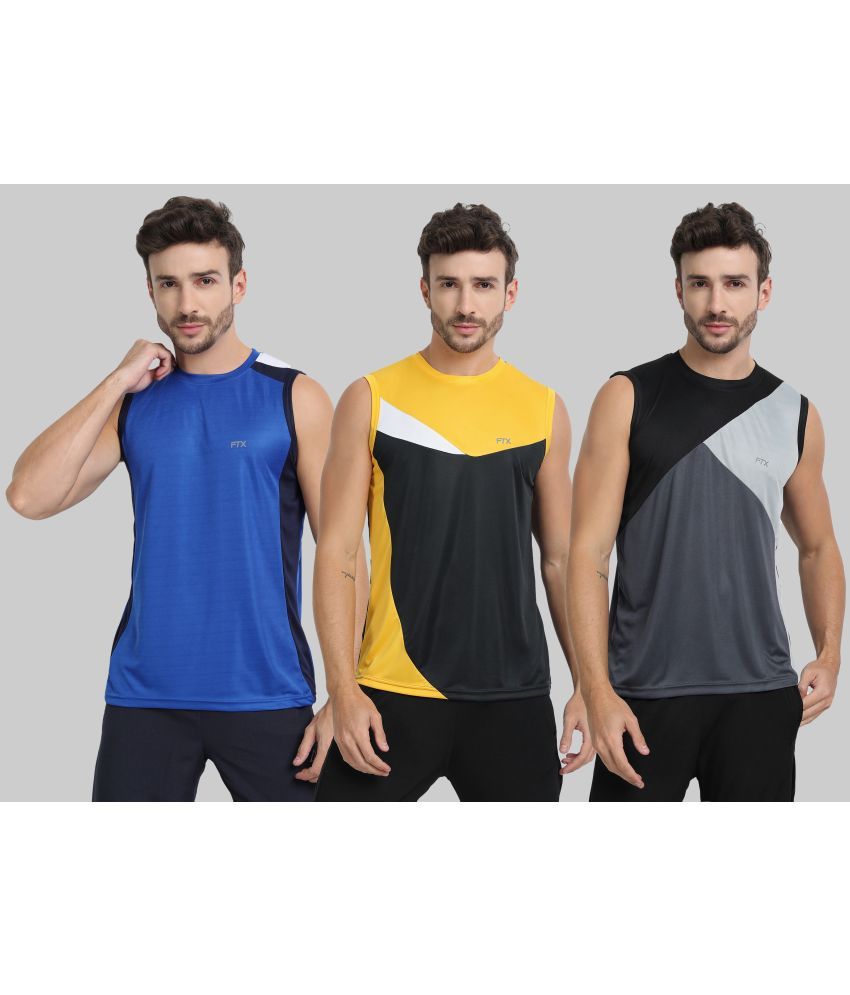     			FTX Polyester Regular Fit Colorblock Sleeveless Men's Round T-Shirt - Blue ( Pack of 3 )