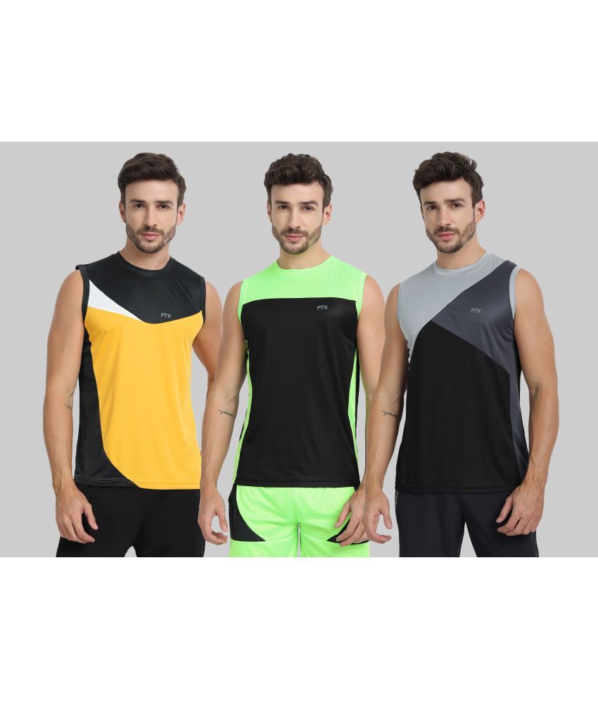     			FTX Polyester Regular Fit Colorblock Sleeveless Men's Round T-Shirt - Yellow ( Pack of 3 )