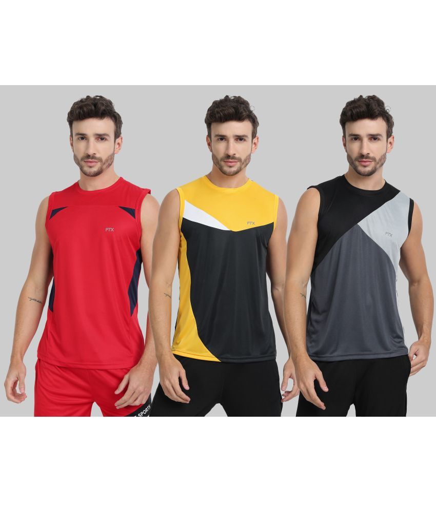     			FTX Polyester Regular Fit Colorblock Sleeveless Men's Round T-Shirt - Grey Melange ( Pack of 3 )