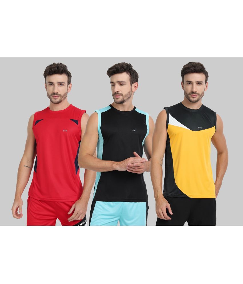     			FTX Polyester Regular Fit Colorblock Sleeveless Men's Round T-Shirt - Gold ( Pack of 3 )