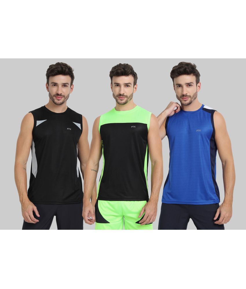     			FTX Polyester Regular Fit Colorblock Sleeveless Men's Round T-Shirt - Blue ( Pack of 3 )