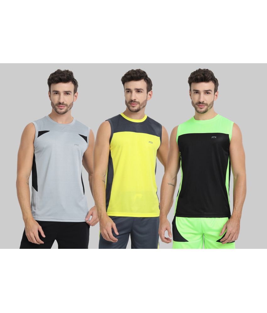     			FTX Polyester Regular Fit Colorblock Sleeveless Men's Round T-Shirt - Light Grey ( Pack of 3 )