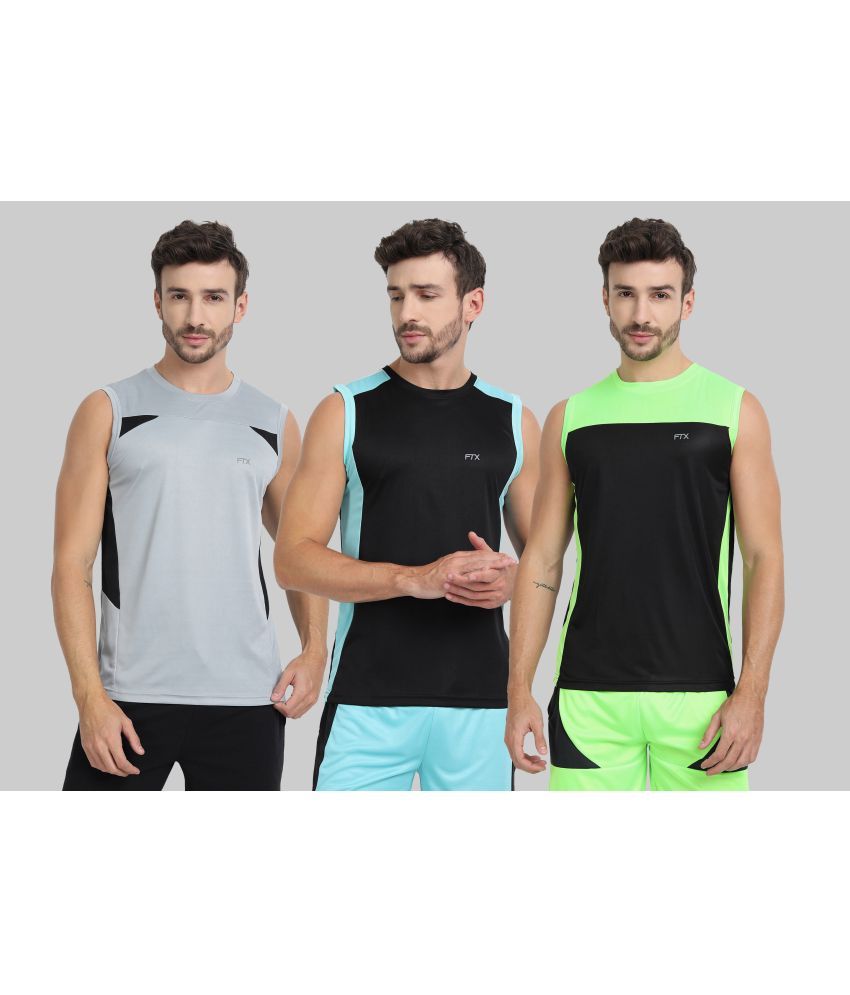     			FTX Polyester Regular Fit Colorblock Sleeveless Men's Round T-Shirt - Melange Grey ( Pack of 3 )