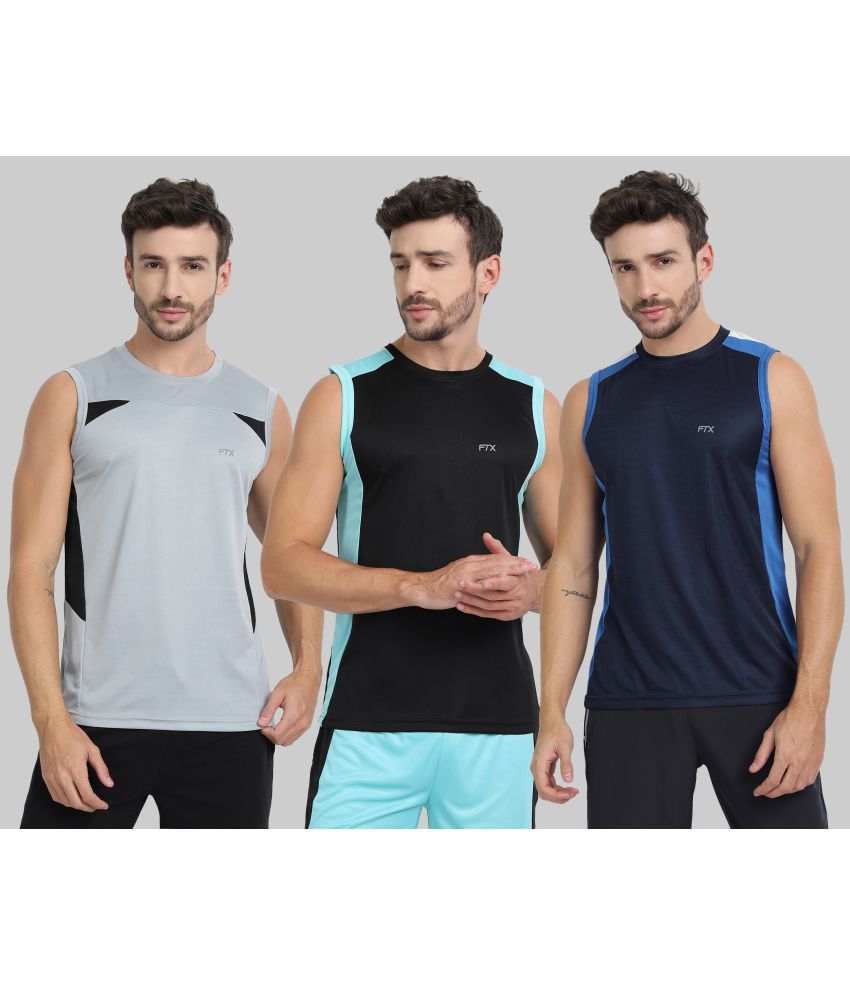     			FTX Polyester Regular Fit Colorblock Sleeveless Men's Round T-Shirt - Navy ( Pack of 3 )