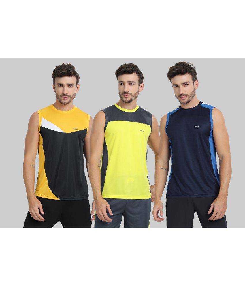     			FTX Polyester Regular Fit Colorblock Sleeveless Men's Round T-Shirt - Navy ( Pack of 3 )