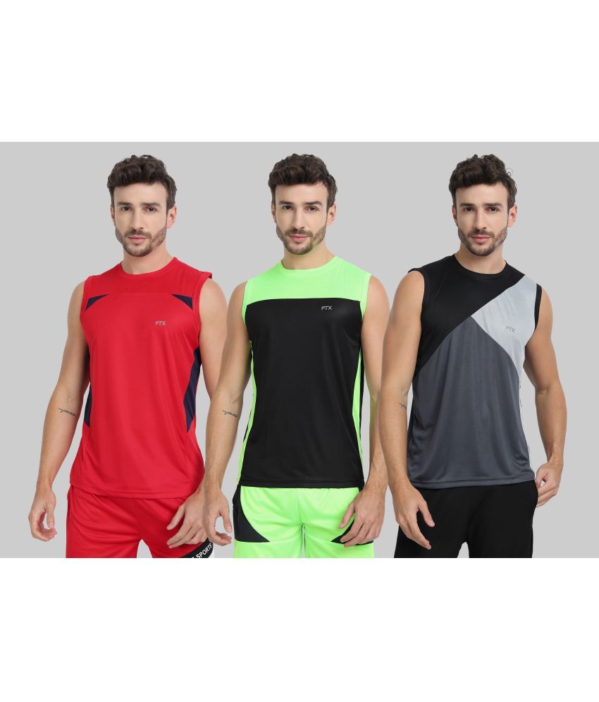     			FTX Polyester Regular Fit Colorblock Sleeveless Men's Round T-Shirt - Grey Melange ( Pack of 3 )