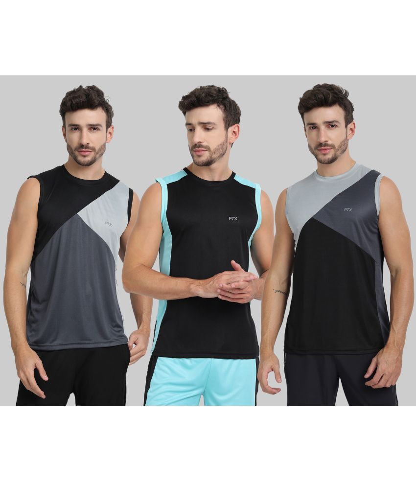     			FTX Polyester Regular Fit Colorblock Sleeveless Men's Round T-Shirt - Black ( Pack of 3 )