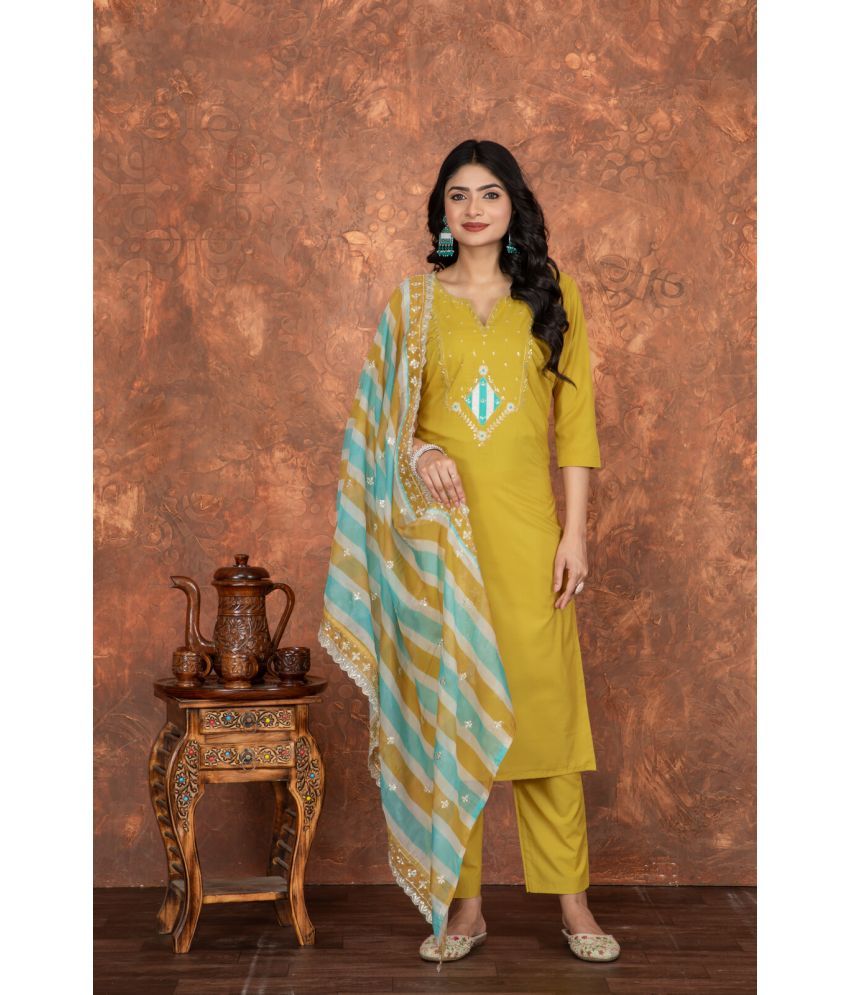     			Sanjana Silks Silk Blend Embroidered Kurti With Pants Women's Stitched Salwar Suit - Yellow ( Pack of 1 )