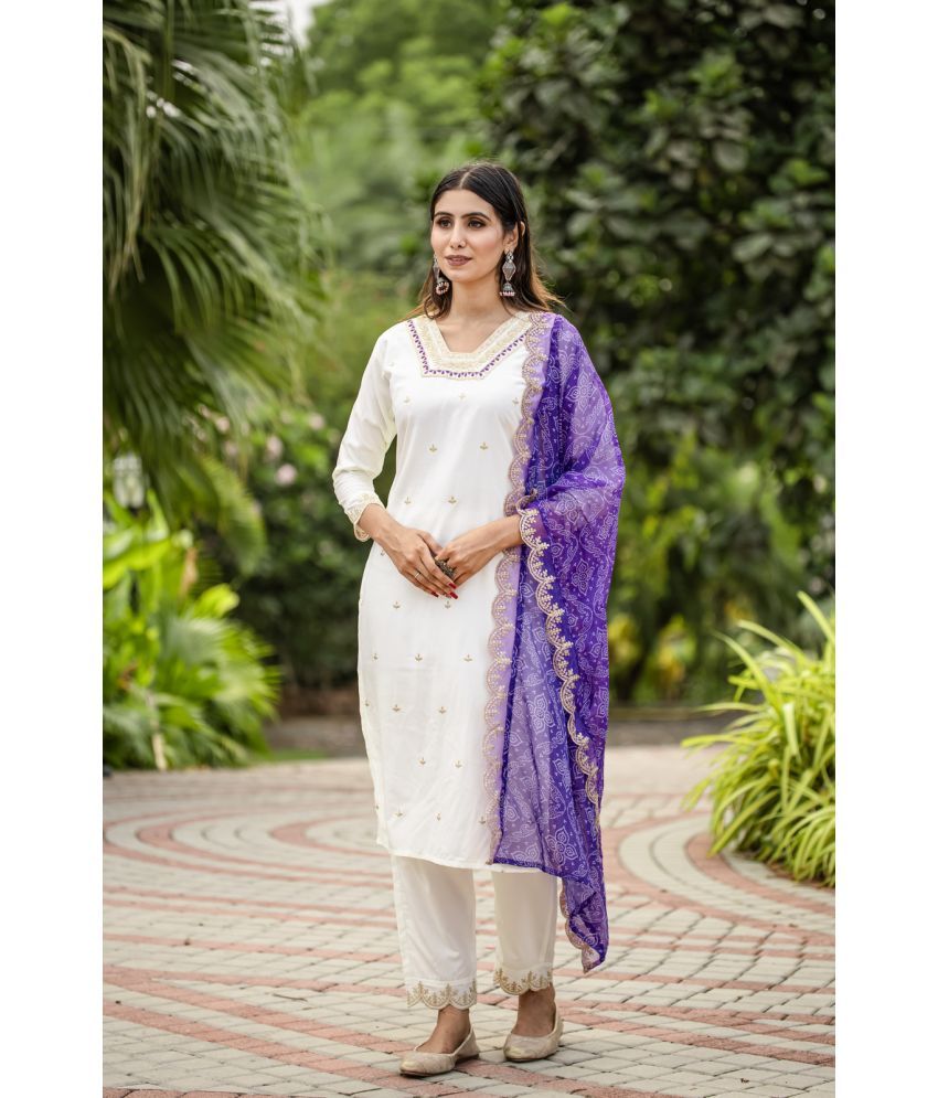     			Sanjana Silks Silk Blend Embellished Kurti With Pants Women's Stitched Salwar Suit - Cream ( Pack of 1 )