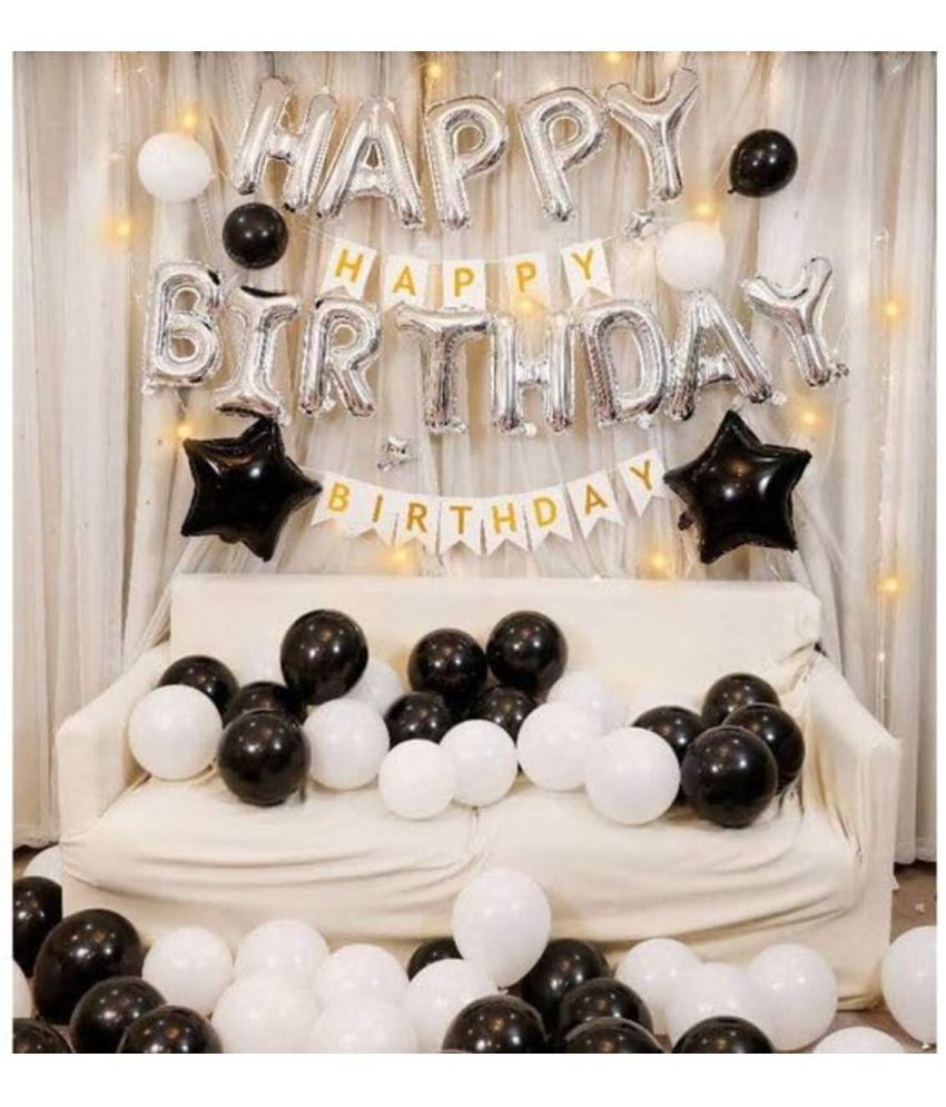     			PartyBooms Happy BIrthday Silver Decoration, HBD White Decoration, 2 Black Stars Foil, 20 Each Black, White Metallic Balloons Pack of 44