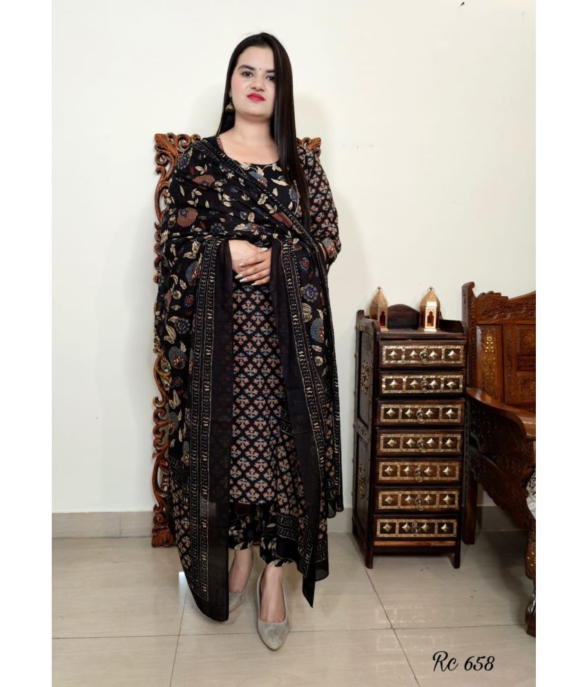     			piludi Viscose Printed Kurti With Pants Women's Stitched Salwar Suit - Black ( Pack of 1 )